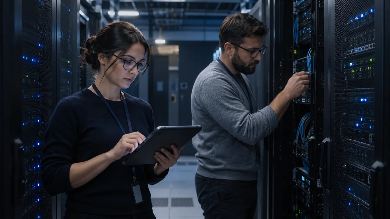 Deux ingénieurs vérifient plusieurs nœuds informatiques dans une salle de serveurs.