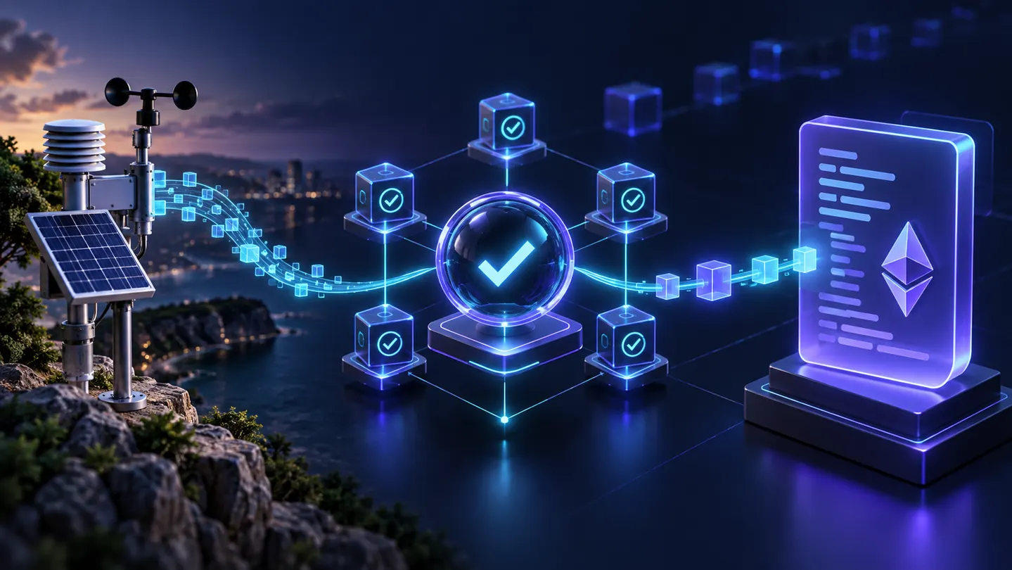 Source externe et nœuds de validation alimentant un contrat intelligent