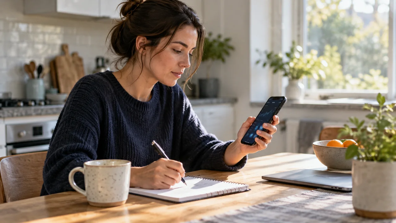 Une personne vérifie une première opération d’achat sur son téléphone et dans son carnet.