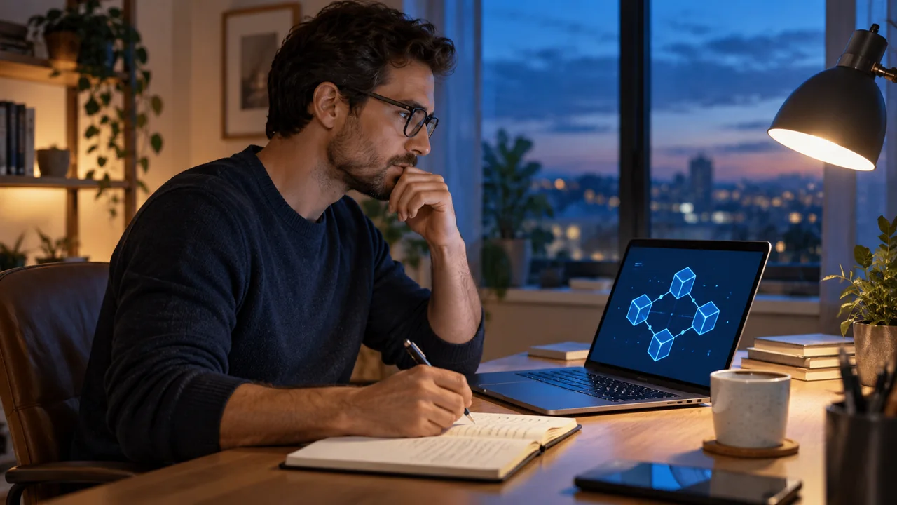 Une personne étudie le fonctionnement de la blockchain sur un ordinateur portable.