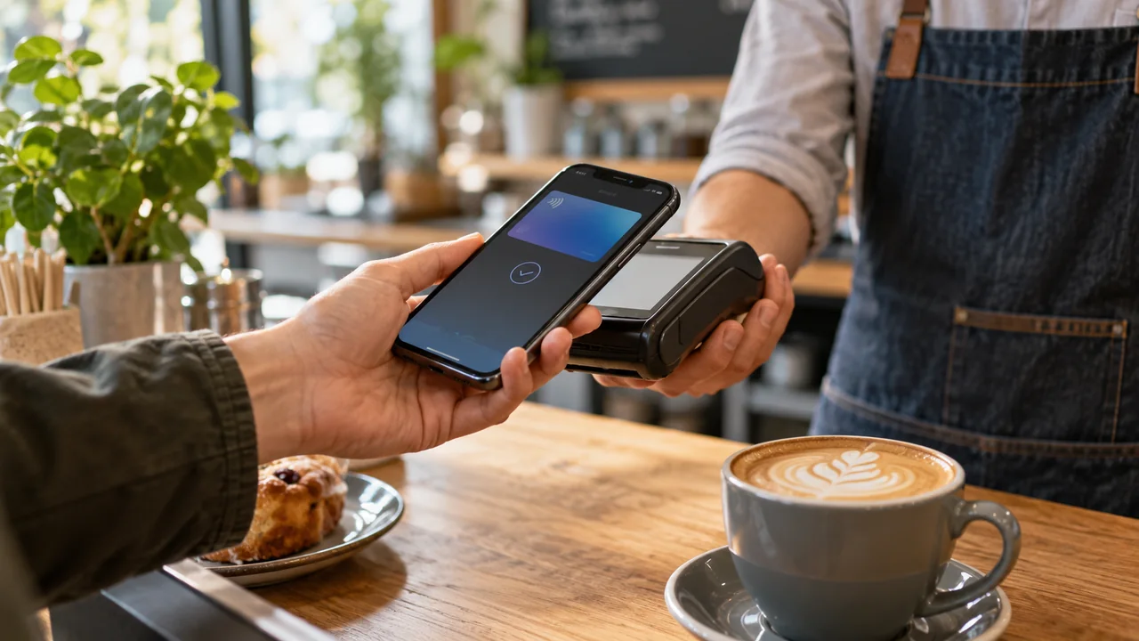 Téléphone et matériel de paiement sur une table de café