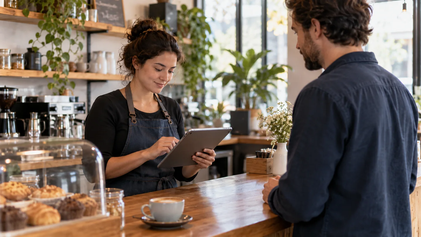 Commerçante vérifiant un paiement sur une tablette au comptoir