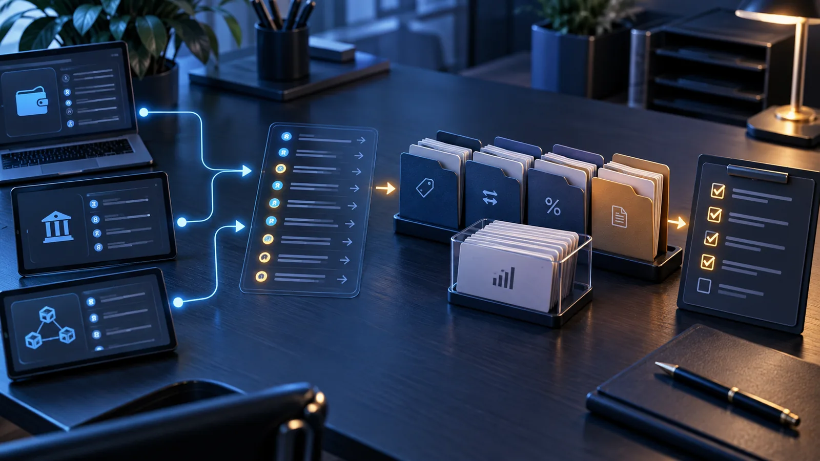 Bureau organisé où transactions de wallets et relevés de plateformes convergent vers des dossiers et contrôles comptables.