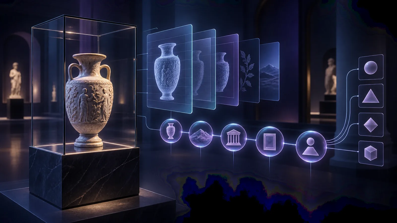 Objet de musée relié à plusieurs couches de certificats numériques, de provenance et de permissions abstraites.