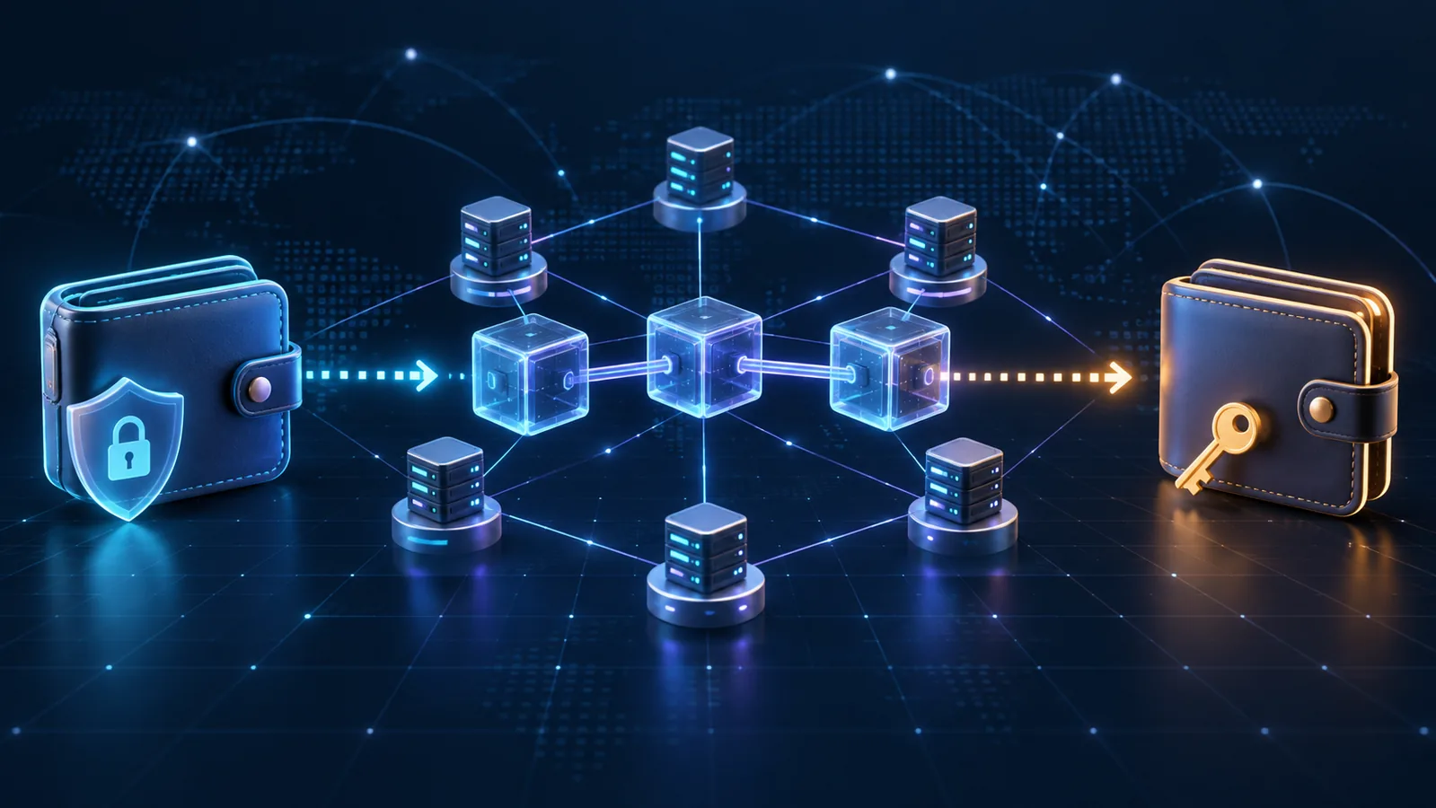 Parcours d’une transaction crypto entre deux portefeuilles via des blocs et des nœuds validateurs