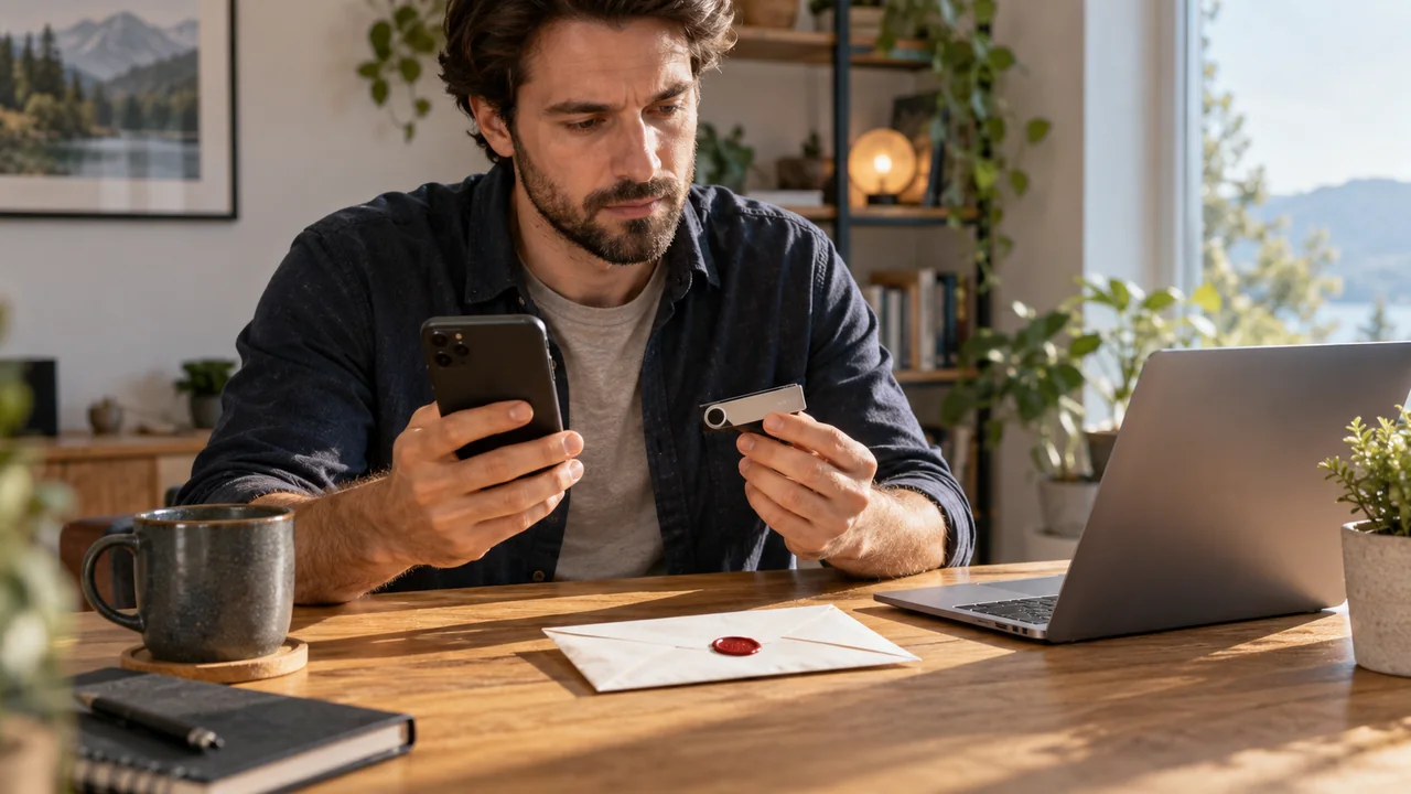 Uma pessoa compara telemóvel, dispositivo de assinatura e cópia offline.